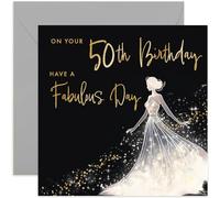Old English Co. Birthday Card for Women - Special 50th Birthday Card for Her - Fifty - Gold Foil Glitter Silhouette Dress Design - Fiftieth Birthday Card for Women | Blank Inside