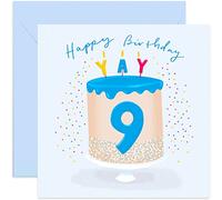 Old English Co. Blue Cake 9th Birthday Card - Boy Ninth Birthday Card | Son, Grandson, Nephew | Blank Inside & Envelope Included