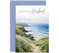 Old English Co. Coastal Scene Birthday Card for Husband - Traditional Watercolour Birthday Card for Men - Seaside Theme Birthday Gift for Husband - Artisitc Card | Blank Inside with Envelope