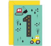 Old English Co. Colourful First Birthday Card for Boys and Girls - Fun Construction Vehicle Happy 1st Birthday Card for Toddler Baby - Age 1 - Digger Tractor Birthday Card for Him or Her