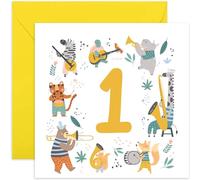 Old English Co. Colourful First Birthday Card for Boys and Girls - Musical Animals Happy 1st Birthday Card for Toddler Baby - Age 1 - Fun Cute Birthday Card for Him or Her | Blank Inside