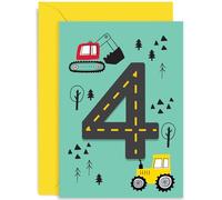 Old English Co. Colourful Fourth Birthday Card for Boys and Girls - Fun Construction Vehicle Happy 4th Birthday Card for Children - Age 4 - Digger Tractor Birthday Card for Him or Her | Blank Inside