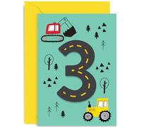 Old English Co. Colourful Third Birthday Card for Boys and Girls - Fun Construction Vehicle Happy 3rd Birthday Card for Children - Age 3 - Digger Tractor Birthday Card for Him or Her | Blank Inside