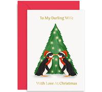 Old English Co. Cute Merry Christmas Card for Wife - Christmas Tree Penguins Kissing Love At Christmas Card for Her from Husband Wife - Happy Holidays Card| Blank Inside with Envelope