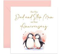 Old English Co. Dad and Step Mum Anniversary Card - Cute Wedding Anniversary Card for Parents - Traditional Love Romantic Penguins Design for Them | Blank Inside