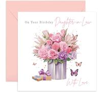 Old English Co. Daughter-in-Law Birthday Card Floral - Bouquet Birthday Card for Her - Pretty Greeting Cards For Women - Butterflies and Flowers - Gifts For Daughter-in-law | Blank Inside