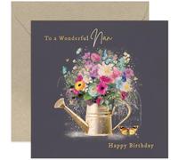 Old English Co. Female Happy Birthday Card for Nan - 'Wonderful Nan' Watering Can Birthday Card - Gold Foil Butterflies and Colourful Flowers - Birthday Gift for Her - Women Cards