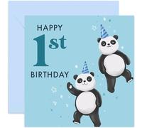 Old English Co. First Birthday Card for Baby Boy - Panda Birthday Card for Him - Cute Animal 1st Birthday Card for Son, Grandson - Cute Child Animal Birthday Card | Blank Inside