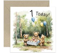 Old English Co. First Birthday Card for Boy or Girl - Bear Picnic 1st Birthday Card - Boy Birthday Card - Girl Birthday Card - Cute Age One Birthday Card | Blank Inside Envelope