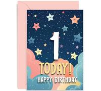 Old English Co. First Birthday Card for Boy or Girl - Cute Star Space Illustration - 1 Year Old Card - 1st Birthday Card for Him Her - Rainbow Clouds Birthday Card for Kids Children | Blank Inside