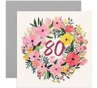 Old English Co. Floral 80th Birthday Card for Her - Birthday Card for Female Friend - Birthday Card for Mum, Grandma - Cute Flower Painted Wreath Colourful Pastel Colours | Blank Inside