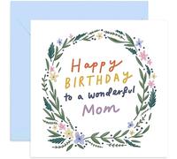 Old English Co. Floral Wreath Happy Birthday Wonderful Mom Card - Birthday Wishes for Her Greeting Card | From Daughter, Son, Children | Blank Inside & Envelope Included