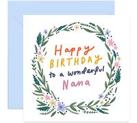 Old English Co. Floral Wreath Happy Birthday Wonderful Nana Card - Birthday Wishes for Her Greeting Card | For 60th, 70th, 80th, 90th | Blank Inside & Envelope Included