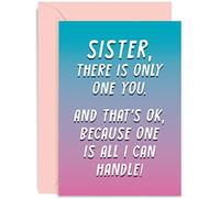 Old English Co. Funny Birthday Card for Sister from Sibling - 'One Is All We Can Handle' Hilarious Joke Birthday Card for Big or Little Sister - Silly Cards for Her | Blank Inside with Envelope