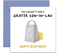 Old English Co. Funny Birthday Card for Son-in-law - 'Grater Son In Law' Cheese Pun - Cute Birthday Greeting Card For Him - Humorous Birthday Card for Family | Blank Inside