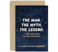 Old English Co. Funny Birthday Cards for Husband - 'Man, Myth, Legend, Bad Influence' Hilarious Birthday Gift for Him - Fun Male Birthday Card for Family | Blank Inside