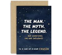 Old English Co. Funny Birthday Cards for Male Cousin - 'Man, Myth, Legend, Bad Influence' Hilarious Birthday Gift for Him - Fun Male Birthday Card for Family | Blank Inside