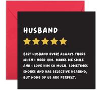 Old English Co. Funny Husband Review Anniversary Card for Him - Husband Thank You Card for Him - Funny Birthday Cards for Partner - Valentines Cards Gift for Husband from Wife | Blank Inside