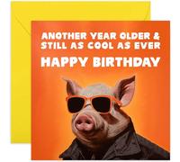 Old English Co. Funny Pig Birthday Card for Men - 'Another Year Older And Still Cool' For Male Friend Birthday - Silly Birthday Card for Him - Son, Brother, Dad | Blank Inside Envelope