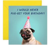 Old English Co. Funny Pug Birthday Card for Her - 'Never Pug-get' Humorous Card for Men Women - Cute Dog Pun Card Birthday Card for Him - Dog Mum Dad Birthday Card | Blank Inside Envelope