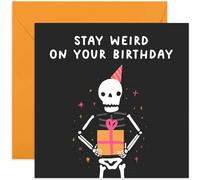 Old English Co. Gothic Birthday Card for Women Men - 'Stay Weird' Party Skeleton Birthday Card for Him Her - Black and White Alternative Birthday Card Gift | Blank Inside Envelope