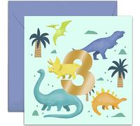 Old English Co. Grandson 3rd Birthday Card Boy - Age Three - Dinosaur Birthday Card For Son Nephew - Third Bday Gifts For Him - Gold Foil Number with Dinosaur Design | Blank Inside with Envelope