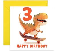 Old English Co. Grandson 3rd Birthday Card Boy or Girl - Age Three - Skateboard Dinosaur Birthday Card For Son Daughter Niece Nephew - Third Bday Gifts For Him Her - 3 Year Old Kid | Blank Inside