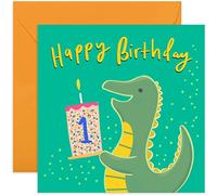 Old English Co. Happy 1st Birthday Dinosaur Card - Square First Birthday Wishes Card | Suitable for Baby, Son, Daughter, Child | Blank Inside & Envelope Included