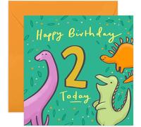 Old English Co. Happy 2nd Birthday Dinosaurs Card - Square Second Birthday Wishes Card | Suitable for Baby, Son, Daughter, Child | Blank Inside & Envelope Included