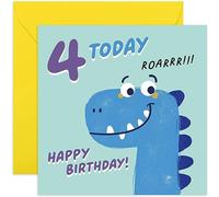 Old English Co. Happy 4th Birthday Card for Boy or Girl - Fun Cartoon Dinosaur Fourth Birthday Card - Age Four Card - For Son, Daughter, Grandson, Granddaughter | Blank Inside Envelope