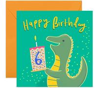 Old English Co. Happy 6th Birthday Dinosaur Card - Square Sixth Birthday Wishes Card | Suitable for Baby, Son, Daughter, Child | Blank Inside & Envelope Included