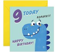 Old English Co. Happy 9th Birthday Card for Boy or Girl - Fun Cartoon Dinosaur Nineth Birthday Card - Age Nine Card - For Son, Daughter, Grandson, Granddaughter | Blank Inside Envelope