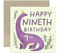 Old English Co. Happy 9th Birthday Card for Boy or Girl - Purple Dinosaur Nineth Birthday Card - Age Nine Card - For Son, Daughter, Grandson, Granddaughter | Blank Inside Envelope