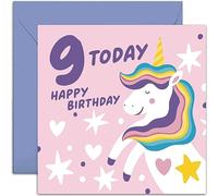 Old English Co. Happy 9th Birthday Card for Girl - Pink Bold Unicorn Design Nineth Birthday Card - Age Nine Card - For Daughter, Granddaughter, Niece, Sister, Goddaughter | Blank Inside Envelope