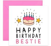 Old English Co. Happy Birthday Card for Bestie - Cute Female Greeting Cards for Best Friend from BFF - Pink Cake Candle and Stars Illustration for Her | Blank Inside with Envelope