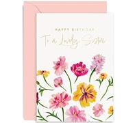 Old English Co. Happy Birthday Card for Sister from Sibling - Cute Flower Design with Gold Foil - Colourful Floral Lovely Sister Birthday Cards | Blank Inside with Envelope