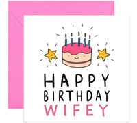 Old English Co. Happy Birthday Card for Wifey - Cute Female Greeting Cards for Wife from Husband - Pink Cake Candle and Stars Illustration for Her | Blank Inside with Envelope