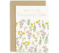 Old English Co. Happy Birthday Card for Wonderful Sister from Brother or Sister - Cute Floral Design with Gold Foil - Colourful Artistic Sister Birthday Cards | Blank Inside with Envelope