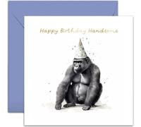 Old English Co. Happy Birthday Handsome Card for Him - Funyn Gorilla Party Hat Birthday Card for Dad, Son, Grandad, Nephew, Brother - Gold Foil Birthday Card for Men | Blank Inside with Envelope