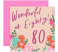 Old English Co. Happy Birthday Wonderful at Eighty Card - Square 80th Birthday Card | Suitable for Women, Mum, Grandma | Blank Inside & Envelope Included