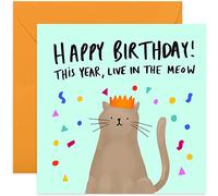 Old English Co. Live In The Meow Cat Happy Birthday Card - Fun Pun Greeting Card for Him or Her | Humour for Boyfrined, girlfriend, Sister, Brother, Friend | Blank Inside & Envelope Included