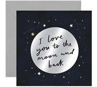 Old English Co. Love You To The Moon & Back Fun Anniversary Card - Silver Foil Romantic Wedding Anniversary for Husband, Wife, Girlfriend, Boyfriend, Parents | Blank Inside & Envelope Included
