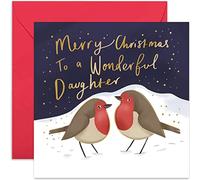 Old English Co. Merry Christmas Wonderful Daughter Robin Card - Cute Festive Seasons Gold Foil Greeting Card for Her | From Mother Father Parents | Blank Inside & Envelope Included