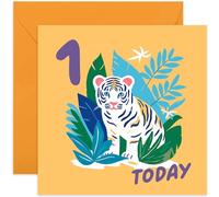 Old English Co. Milestone Baby Cards Age 1 - First Birthday Card For Boy or Girl - Jungle Animal Tiger - Kids Birthday Card One Year Old - Niece, Nephew, Grandson, Granddaughter | Blank Inside