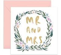 Old English Co. Mr Mrs Flower Wreath Marriage Card - Cute Wedding Love Card for Newly Wed Couple | To Gift Bride and Groom on Big Day | Blank Inside & Envelope Included