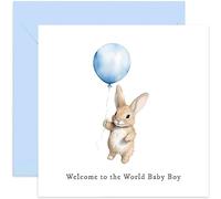 Old English Co. New Baby Boy Card for New Parents - Blue Balloon Baby Rabbit Design - 'Welcome to The World' Cute Congratulations Baby Birth Card for Mummy Daddy | Blank Inside with Envelope
