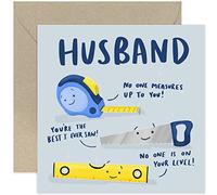 Old English Co. No One Measures Up To You Card for Husband - Special Birthday Card for Husband from Wife - Fun Birthday Greeting Card for Him Men - Fun DIY Tools Pun Card | Blank Inside with Envelope