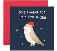 Old English Co. Owl I Want for Christmas Card for Husband Wife - Hilarious Christmas Card Joke for Friends Family - Christmas Card for Bestie Boyfriend Girlfriend Sister Brother