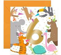 Old English Co. Party Animals 6th Birthday Card - Gold Foil Square Zoo Sixth Birthday Card for Boys and Girls | For Son or Daughter | Blank Inside & Envelope Included (6th)