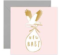 Old English Co. Pastel Stork New Baby Girl Card - Gold Foil Special Baby Arrival Congratulations Card for Parents | Cute Design For Mum and Dad| Blank Inside & Envelope Included (Girl)